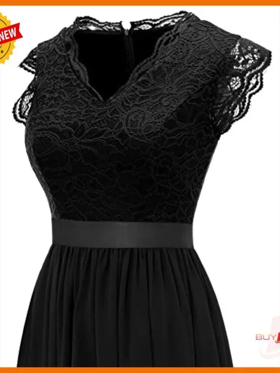 V-Neck Sleeveless Lace Formal Gown, Zipper Back, Chiffon Skirt - Picture 5 of 6
